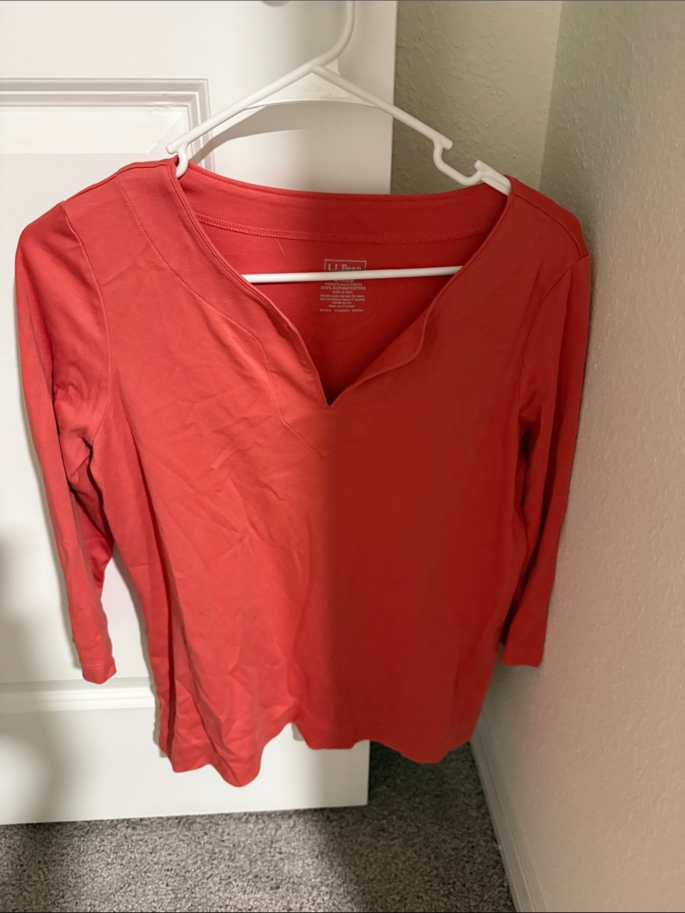 L.L. Bean Women's Coral Notch-Neck Long Sleeve Tee